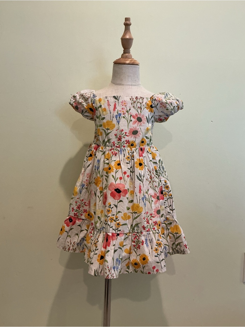 Gymboree White Floral Puff Sleeve Dress with Pink & Yellow Flowers